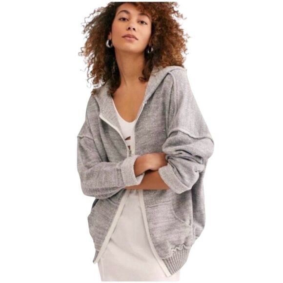 Free People Sz M In Bloom Knit Hoodie Sweater Gray White Oversized Full Zip Boho - Picture 1 of 15